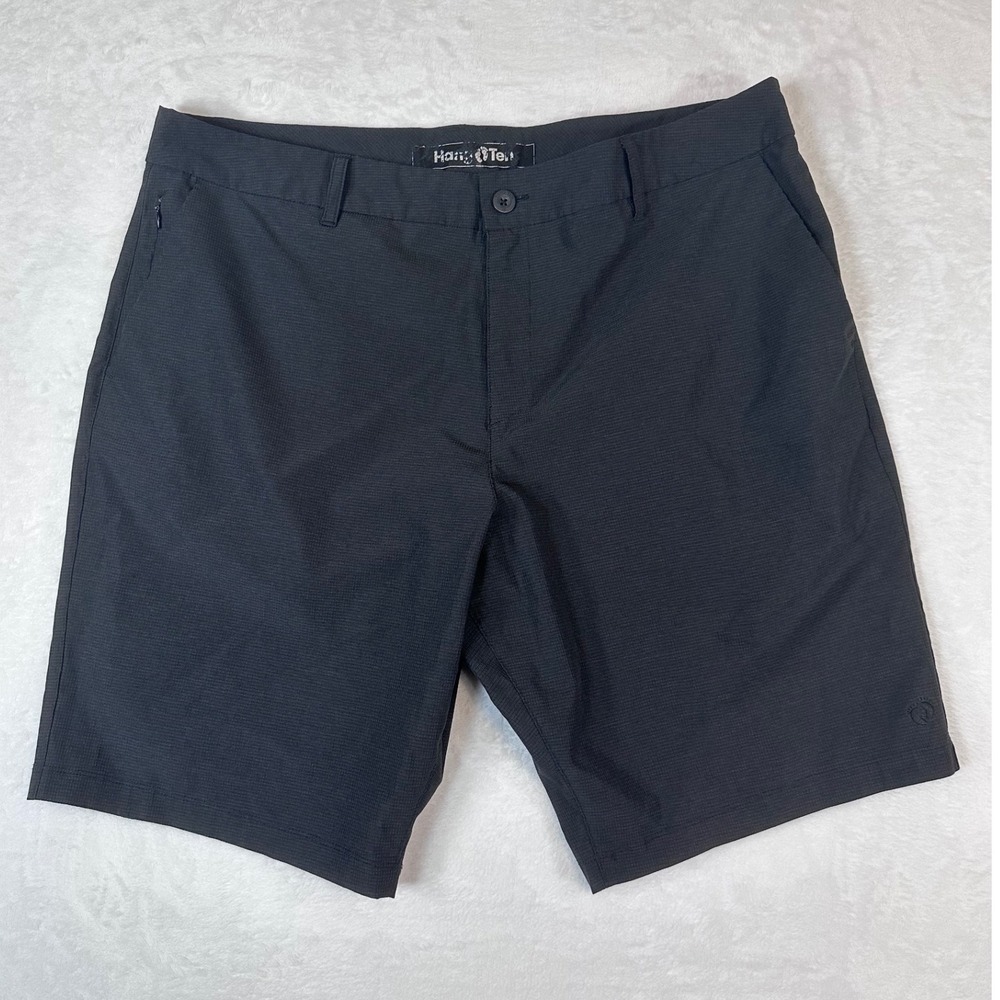 Hang Ten Mens Hybrid Shorts Black Grid Pattern Stretch Size 38 Zipper Pocket